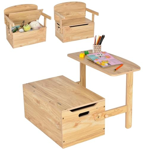 Maxmass 3 in 1 Toddler Table and Chair Set, Convertible Kids Bench Storage Chest with Safety Hinge, Wooden Toy Storage Box Children Toy Storage Organizer for Kids Room Playroom Daycare (Natural)