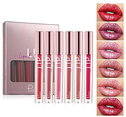 Joyeee Glitter Lipgloss Set avec boîte-cadeau, 6 couleurs rouge violet rose rose scintillant brillant imperméable à l'eau Shimmer Liquid Lipstick Set, Vegan & Cruelty Free Antistick Makeup Lip Gloss