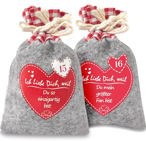 Adventskalender zum Selbst Befüllen, Filzsäckchen mit 24 Gründen Ich Liebe Dich, Weil ...Gedruckte Weihnachtskalender Filzbeutel Selberfüllen, 24 stoffsäckchen Kette zum selber befüllbar und Aufhängen