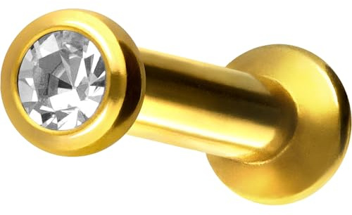 PIERCINGLINE Titan Triple Piercing Mini Labret mit Push Fit FLAT DISC + KRISTALL Piercing Nase Ohr Lippe Conch Tragus Medusa 8 x 2,5 Goldfarben
