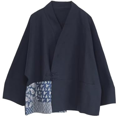 NFYM Giacca kimono leggera da donna, patchwork, aperta sul davanti, con bottoni a rana, trapuntata e foderata, due stili, Stile fodera nera, taglia unica