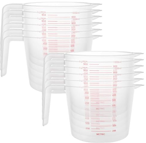 GBACHOOSE 12 Pcs Plastic Measuring Jugs, 1 Litre Plastic Jug with Measuring Scale, Clear Plastic Measuring Cup with Handle for Cooking and Baking