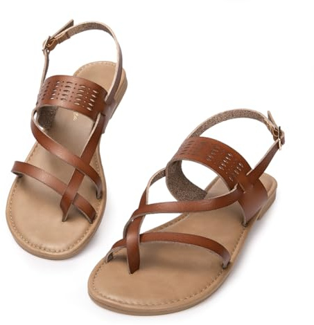 Luffymomo Womens Strappy Flat Sandals Leathe Gladiator Sandals Summer Casual Fisherman Thong(10 M US Brown)