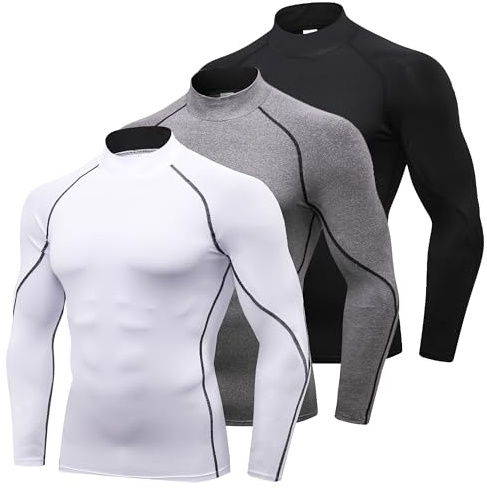 YUSHOW 3 Pack Compression Tops for Men Long Sleeve Mens Running Top Quick Dry Turtleneck Base Layer Top for Gym Sports Fitness Workout Cycling Football Training T-Shirts