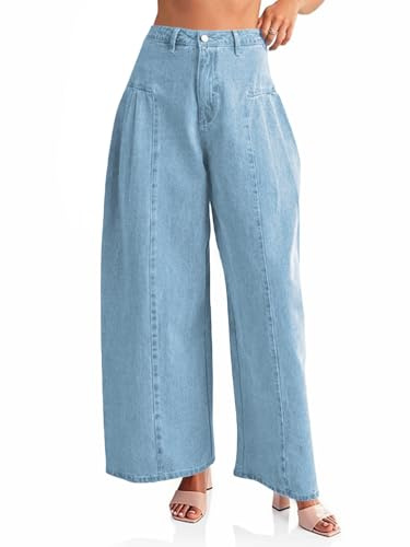 PLNOTME Womens Baggy High Waisted Jeans Loose Boyfriend Wide Leg Side Pleated Denim Pants, Blue, 12