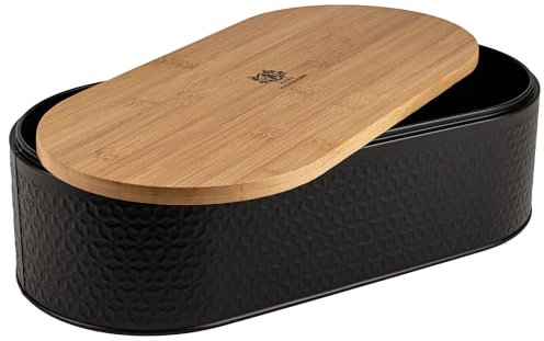 KARL HAUSMANN Brotkasten metall Schwarz mit Bambus Deckel - 43,5x20,5x11,5 cm - Brotkästen Holz - Brot Aufbewahrung - Bread Bin Box - Schwarze Brotbox - brotdose - brotaufbewahrungsbox - brotbehälter