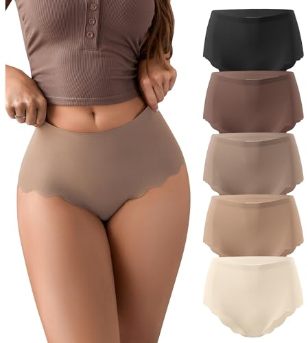 SHARICCA Seamless High Waisted Underwear for Women Cheeky Underwear Wave Edge No Show Bikini Panties Ribbed Panties Pack,5P01,M