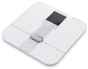 O`Yeet Smarte Körperanalysewaage BS-OY02, Große LCD-Anzeige, Bluetooth kompatibel über die App, Belastbar bis 180 kg, Rutschhemmende Oberfläche (Weiß)