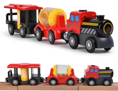 HOTUT Tren Eléctrico de Juguete para Niños, Tren de Locomotora de Acción, Juguete de Riel de Locomotora de Ferrocarril Magnético, Conexión Magnética, Compatible con Vías de Madera