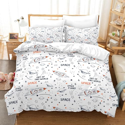 Juego de ropa de cama de universo de 135 x 200 cm, diseño de planetas y cohete para niños y niñas, color blanco y azul con estrellas y planetas, con funda de almohada de 50 x 75 cm (B, 135 x 200 cm)
