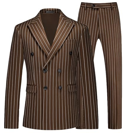MOGU Mens Double Breasted Pinstripe Suit - 2 Piece Slim Fit Vintage Tuxedo for Groomsmen, Wedding, Prom, Brown, L