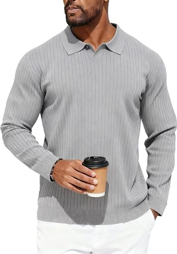 Remxi Mens Long Sleeve Knit Polo Shirt V Neck Ribbed Jumper Casual Textured Golf Shirts Lightweight Pullover Jumpers with Collar Gray M