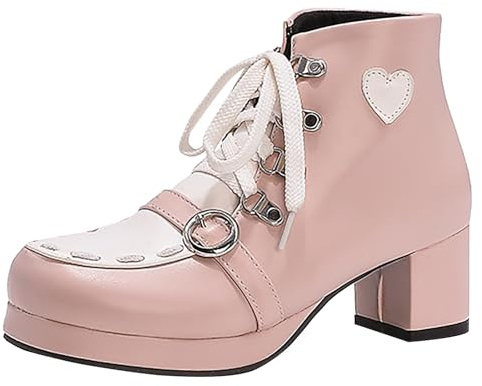 Ankle Boots dam med klack läder – platåstövlar dam bred med snörning spännen Chelsea stövlar gotiska stövlar Lolita damstövlar cosplay halvstövlar läderstövlar mockasiner slip-kängor, ROSA, 39 EU