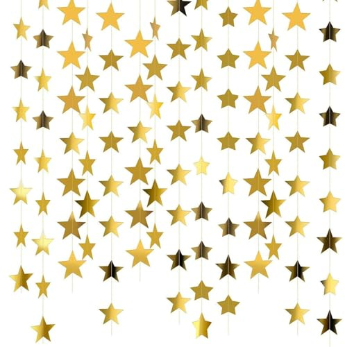 KNUIUYY Guirnalda de Decoración Estrella Decoracion de Colgante, 65 Pies Guirnalda de Papel de Estrellas, Guirnalda de Estrellas de Papel para Boda, Baby Shower, Fiestas de Cumpleaños, 20m (Dorado)