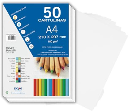 Dohe - A4 Vit kartong (50 st.) - Storlek 21x29,7 cm, Tjocklek 180 g/m², Pyssel, tryck och skolmaterial