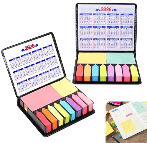 Lot de 2 blocs de notes autocollantes, 12 couleurs, 2 formats post-it étroits et grands, calendrier 2026, bandes adhésives pastel avec boîte d'emballage, forme de flèche, pour planificateur, notes