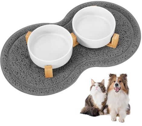 Foymlon Ciotole per Cani Ceramica, 400ML 2 Pacchi Ciotola Rialzata per Cani, Ciotole Cane con Supporto in Bambù e Tappetino Antiscivolo Adatto di Media e Piccola (Bianco)