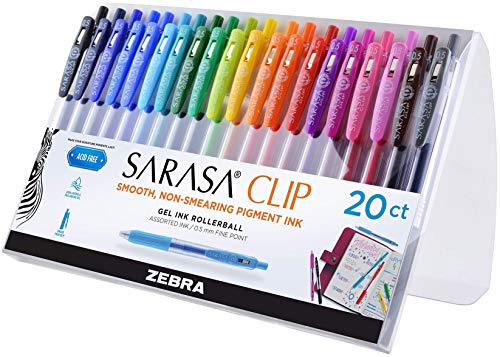 Zebra Pen Sarasa Clip Retractable Gel Pen, 0.5mm Fine Point, Rainbow Assorted Vibrant Ink Color, Water-Based, Ideal for Office and School, Journal, Note Taking and Planner Use, 20-Pack (47220)