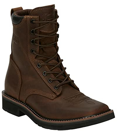 Justin Pulley 8 Work Boots for Men - Square Toe Full-Grain Leather Upper with Oil- and Slip-Resistant Rubber Outsole, EH-Rated, Aged Bark - 9.5 D