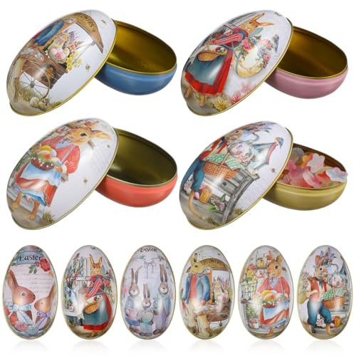 jojofuny 6pcs Easter Rabbit Tin Box Creative Egg Shaped Candy present Case Metal Jewelry Coin Storage Holder Tinplate For Egg Hunt Game Spring Easter Basket Stuffer 11x6.5x7cm