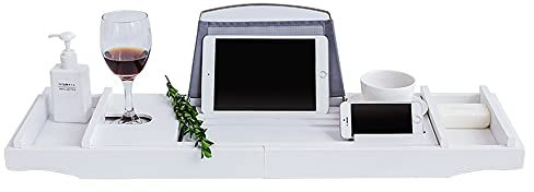 YIWOYI Pont de bain, plateau de baignoire extensible antidérapant en bambou pour spa, baignoire, livre, tablette, salle de bain (blanc)