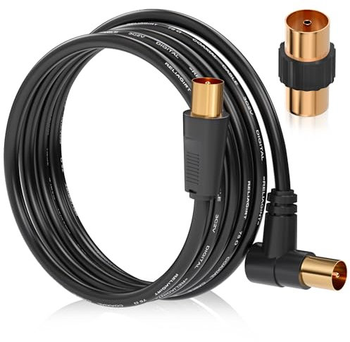 RELIAGINT TV Aerial Cable 1.5m – Pure Copper TV Coaxial Cable with Dual Shielding for Strong Signal – Straight or Right-Angle – Female-to-Female Adaptor Included – Fire-Resistant Aerial Connectors