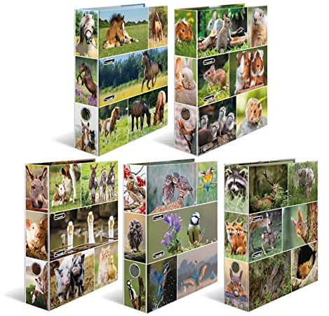 HERMA 19256 Folder DIN A4 Animal Worlds Set of 10, 7 cm Wide, Sturdy Cardboard, Coloured Outer and Inside Print in High-Quality Design, Ring Binder, Lever Arch File, Office Folder, Motif Folder