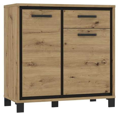 Forte TRONDHEIM Sideboard mit 1 Schublade und 2 Türen, Holzwerkstoff, Artisan Eiche/Schwarz Eiche, B x H x T: 91,4 x 91,2 x 41,5 cm