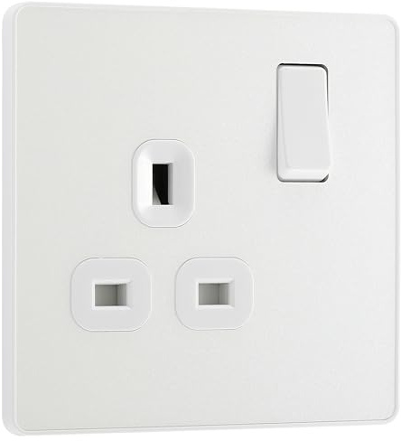 BG Electrical Single Switched Power Plug Wall Socket, Screwless Front Plate, Round Edges, Evolve, Pearlescent White, 13A, PCDCL21W