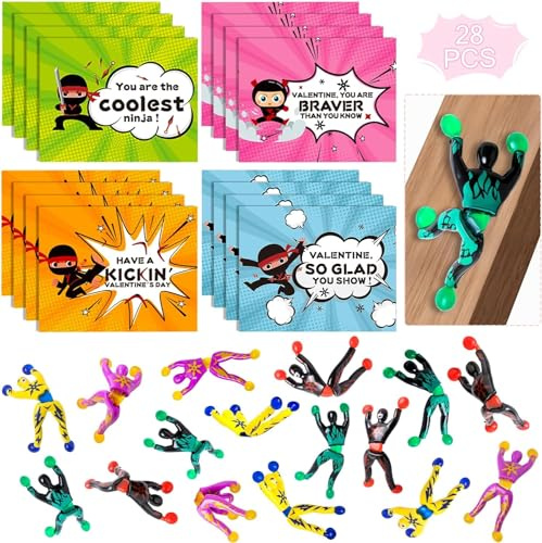 28 Packs Valentines Day Gifts Cards for Kids with Sticky Wall Climbing Men Ninja Set,Stress Relief Tricky Toys Wall Climbers for Kids Party Favor, Classroom Exchange Prizes, Valentine Greeting Cards