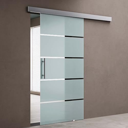 doporro Porta Scorrevole per Interni in Vetro Satinato a Righe 77,5x205 cm con Binario in Alluminio | Chiusura Ammortizzata e Distanziale da 25 mm - Amalfi13