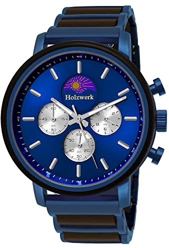 Holzwerk Germany Handgefertigte Designer Herren-Uhr Öko Natur Holz-Uhr Chronograph Armband-Uhr Analog Quarz-Uhr Braun Schwarz Blau Silber mit Mondphase (..Blau.)