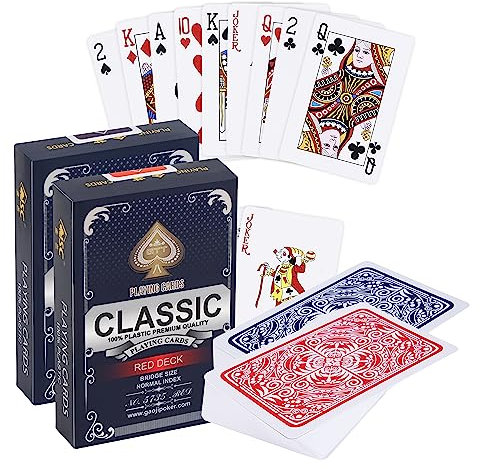 2X Kunststoff Spielkarten | Wasserdicht | Professionelle Qualität | 100% wasserdichter Kunststoff | Luxus Design Mit klassischer Karte | Flexibel Und Robust | Bridge & Poker | Duo Pack Rot