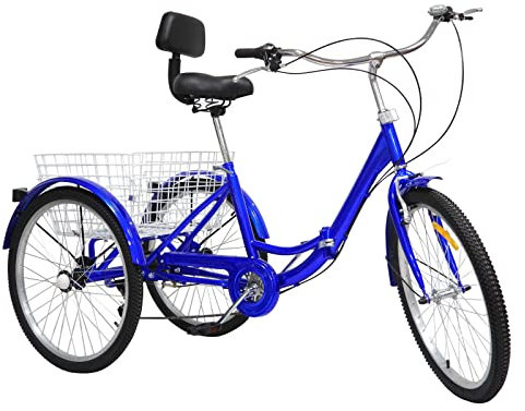 Lightakai 24 Zoll Dreirad Für Erwachsene, 7 Gänge Zahnräder Dreirad Faltbares Fahrrad Dreirad 3 Rad Fahrrad mit Einkaufskorb für Erwachsene, Senioren, Frauen, Männer Lastenfahrrad (Blau)