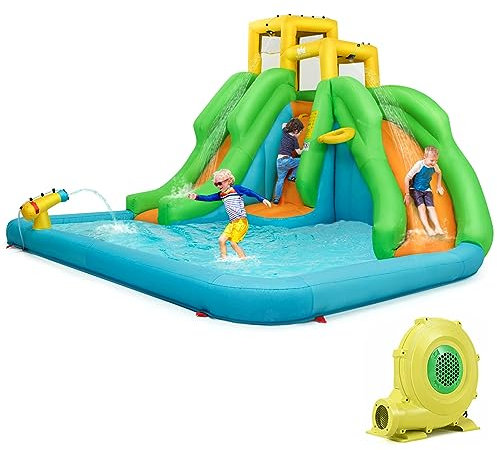 COSTWAY Castello Gonfiabile 5 in 1 con Soffiatore da 480W, Parco Acquatico con 2 Scivoli, Piscina, Parete di Arrampicata, Cannone, Cerchio e Palla da Basket, Borsa di Trasporto e Kit di Riparazione