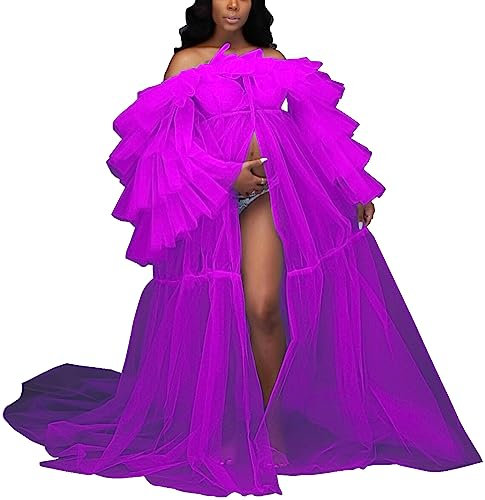 DMYG Damen-Umstandskleid Aus Tüll Schulterfrei Offener Bauch Geschwollenes Dessous Durchsichtiges Fotoshooting-Kleid Fuchsie 48