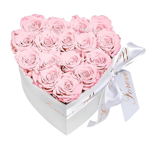 FORTTS Scatola di Rosa Conservata, 16-18 Pezzi Rose Veri Fiori per Sempre con Scatola a Forma di Cuore, Rosa Eterna Ultimi 3-5 Anni per Mamma San Valentino Regalo di Compleanno Decorazioni per Feste