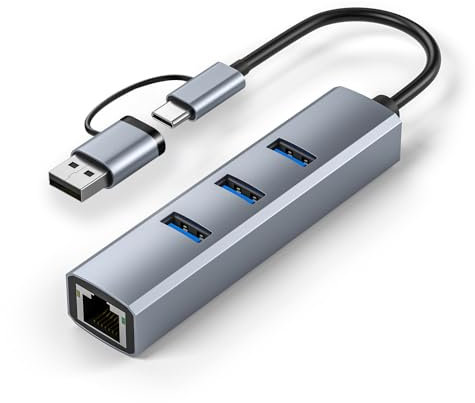 Vunvooker USB-C/USB 3.0 to Ethernet Adapter Hub With RJ45 1000 Gigabit, 3 USB 3.0 Ports, Network Dongle for MacBook Pro/Air, iPad Pro, iMac, Surface Laptops, Chromebook, XPS, and More