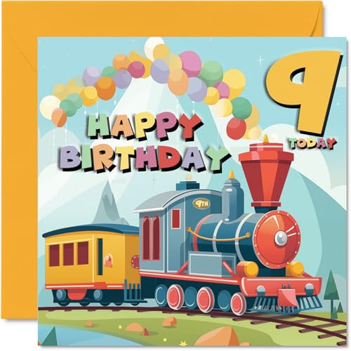 Stuff4 Carte de 9e anniversaire pour garçons et filles - Train à vapeur - Carte d'anniversaire pour garçon et fille de 9 ans - Cartes de 9e anniversaire pour lui et elle - 145 mm x 145 mm - Cartes de