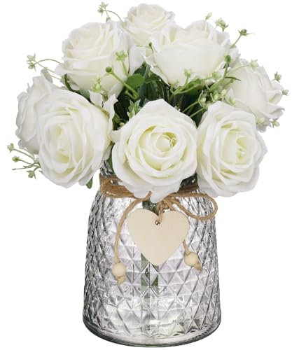NiHome Artificial White Roses in Elegant Clear Glass Vase, Realistic Silk Flowers with Heart and Ball Pendants for Dining Table, Coffee Table, Farmhouse, Bathroom, Living Room and Home Office Décor