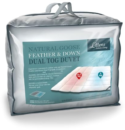 Littens Dual Zone 9 & 13.5 Tog Superking Bed Size Goose Feather Down Duvet Quilt, 15% Down, 230TC 100% Down-Proof Cotton, Energy Efficient, Warm & Cool 260cm x 220cm