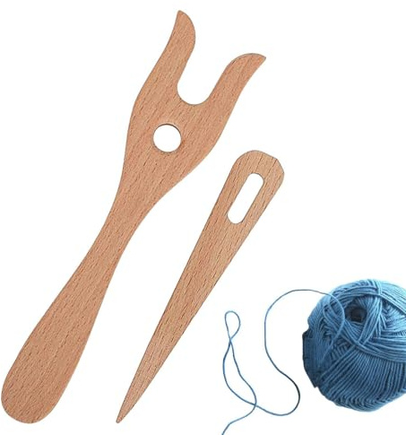Knitting Fork and Eye Needle Kit, Fork Type Wooden Knitting Tools and Big Eye Needle Set, Hand Cut Lucet Fork Ancient Cording Tool for Knitters Crocheters