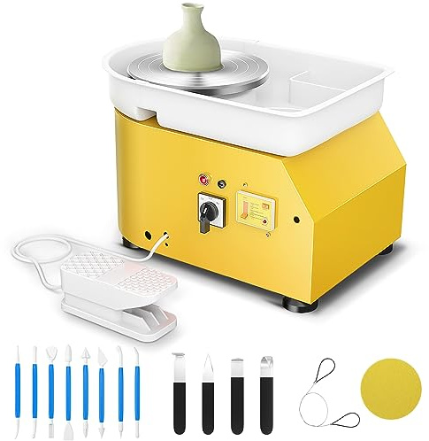 MINENICE Torno Alfarero,350W Torno Ceramica 0-300r/min,25CM Rueda de Alfarero con Pedal y Lavabo Desmontable Para Herramientas de Modelado para Principiante y Amante de Creación de cerámica (amarillo)