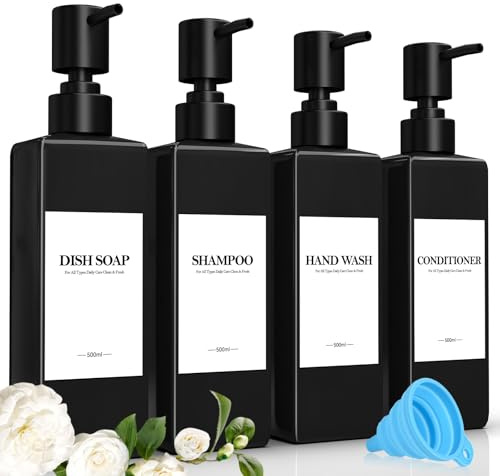 Set Di 4 Nero Flaconi Riutilizzabili per Shampoo, 500ml Dispenser Sapone Doccia, Dispenser Doccia Shampoo e Bagnoschiuma con Imbuto ed Etichetta Impermeabile, Adatto per Cucina, Bagno e Toilette