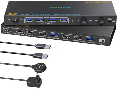camgeet - Commutatore KVM USB 3.0, HDMI, 2 PC, 2 monitor, 8K a 60 Hz, switch KVM HDMI e USB, doppia modalità croce, per 2 computer, condividere 2 monitor e 4 porte USB 3.0, con telecomando cablato