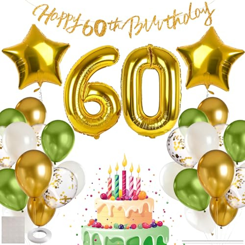 MIEWAA Globos 60 Cumpleaños Hombre, Adornos Fiesta Decoracion 60 Años Cumpleaños Mujer con Banner HAPPY BIRTHDAY, Número 60 Grande y Globo Foil Estrella, Globos Latex y Confetti, Verde-Dorado-Blanco