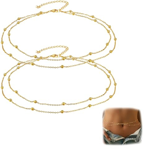 2 Pack Belly Chain Gold Waist Chain - Adjustable 14K Gold Plated Belly Chains - Stainless Steel Snake & Satellite Layered Body Waist Chains – Waterproof Jewellery for Bikini, Dress, Party