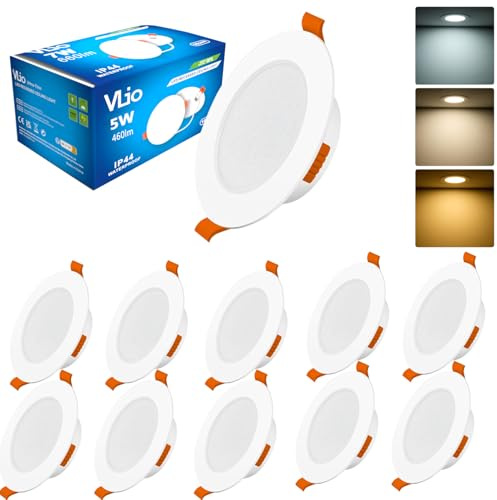 Vlio Downlights for Ceiling 5W Dimmable 75mm IP44 LED Spot Lights 10 Pack | LED Recessed Ceiling Lights for Bathroom Kitchen, Warm White Natural White Cool White 3CCT Adjustable
