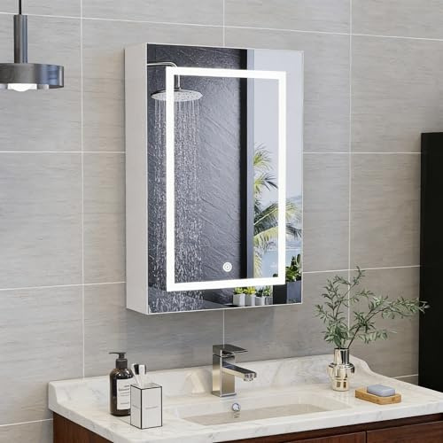 Aneutr Spiegelschrank Badezimmer mit LED Beleuchtung, Badschrank mit LED-Spiegel, Regal und Tür, Wandschrank hängender Badezimmerschrank, 3 Farben Dimmbar, Modern Weiß (Einzeltür 50 x 15 x 70 cm)