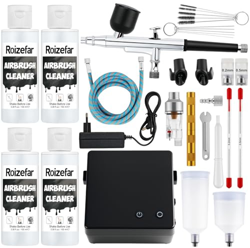 Roizefar Aerografo con Compressore 55 PSI, Kit Aerografo Professionale Anti-Intasamento con 4×100 ml Detergente, Ugelli 0.2/0.3/0.5 mm e Spazzole di Pulizia, Pittura, Modellismo, Nail Art e Trucco